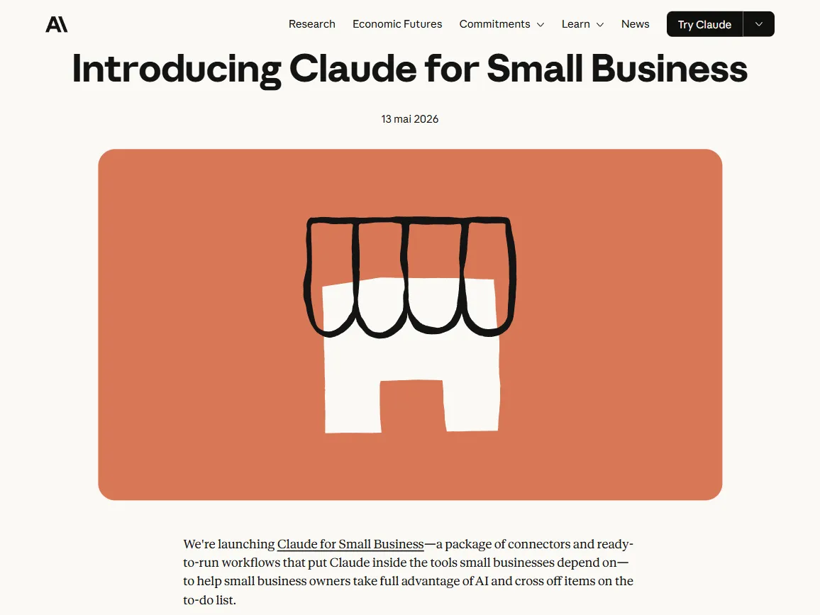 Official Anthropic page Introducing Claude for Small Business published May 13, 2026
