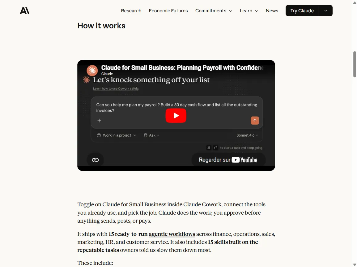 How it works section on the Claude for Small Business page at claude.com: one-click plugin, Claude Cowork, desktop app