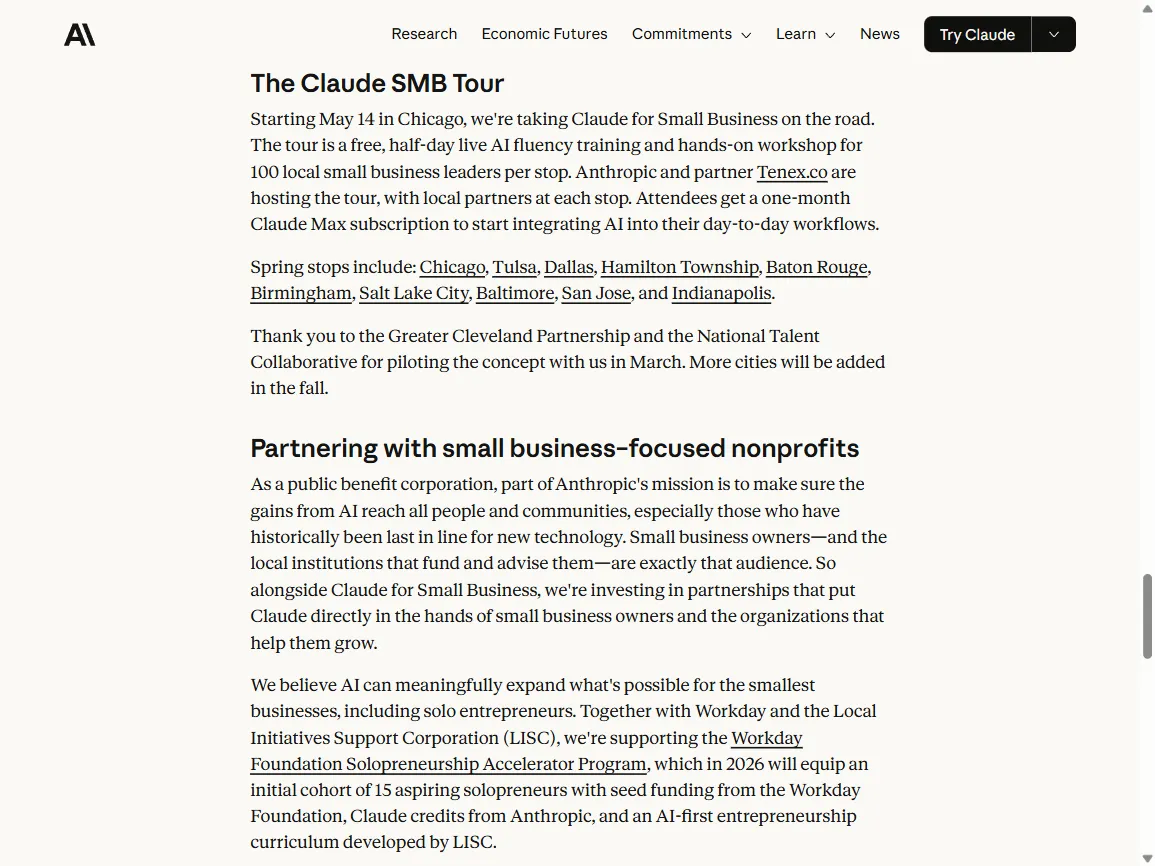Join a free workshop in your city section on claude.com with the Claude SMB Workshop calendar: Tulsa OK (May 19), Dallas TX (May 20), Hamilton Township NJ (June 3), Baton Rouge LA (June 10), Birmingham AL (June 12), Salt Lake City UT (June 16)
