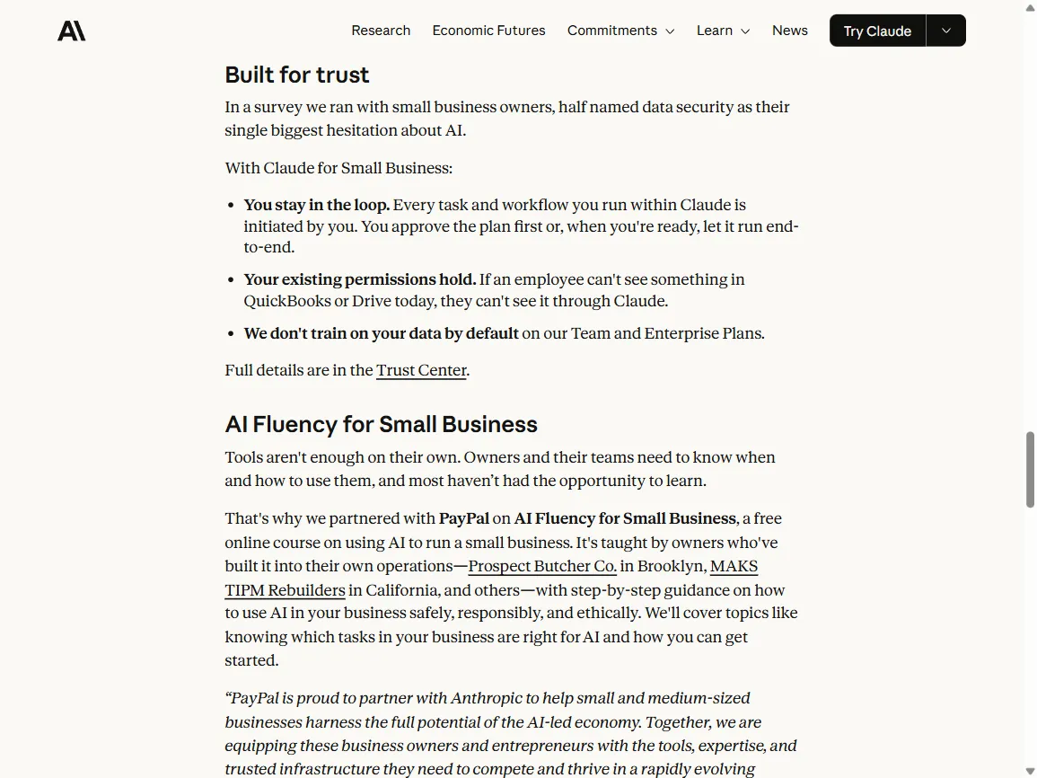 A big difference for small businesses section on claude.com: Ready from day one, Delegate the work own the decisions, Works with your tools, Built for trust