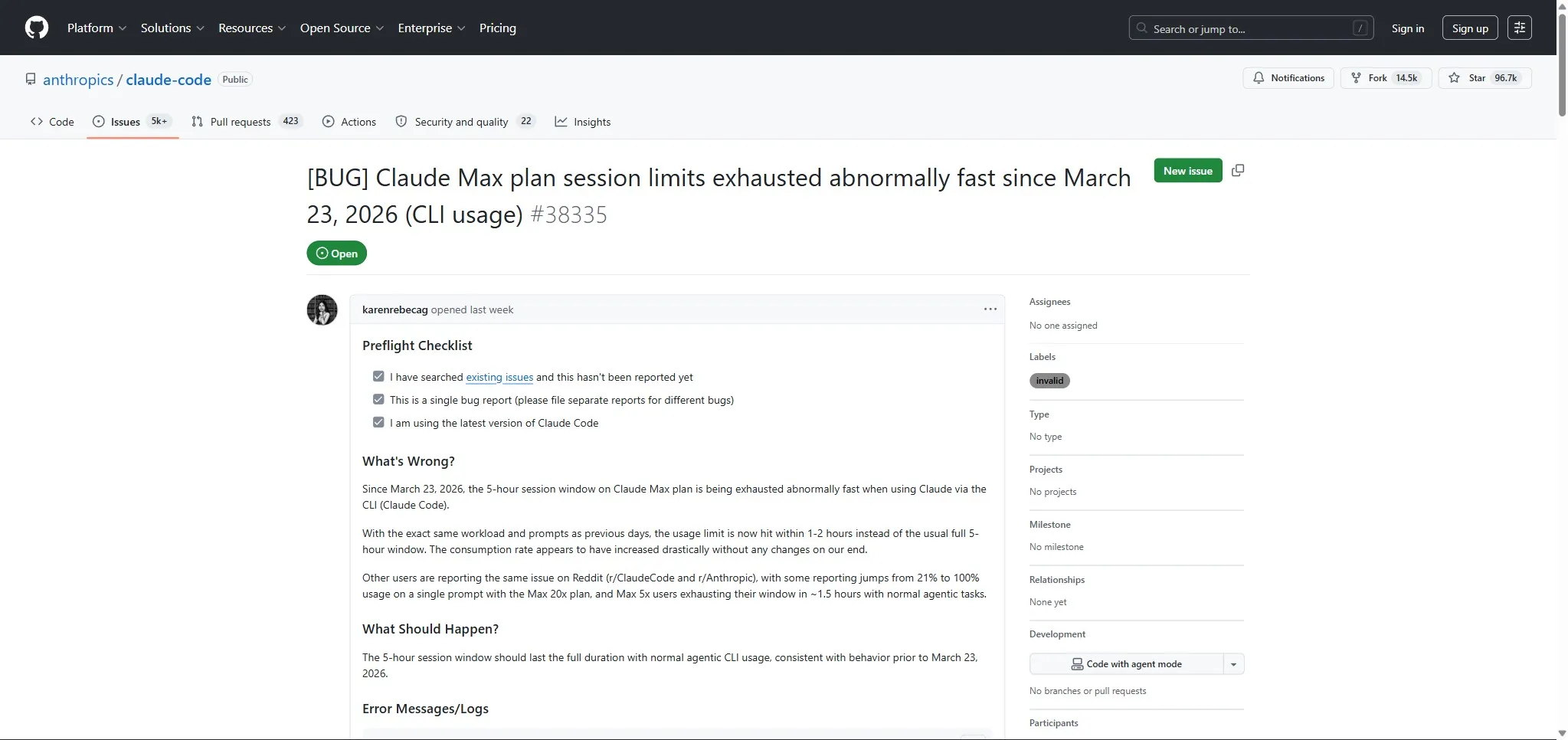 GitHub issue #38335 reporting abnormal Claude Max session limit exhaustion
