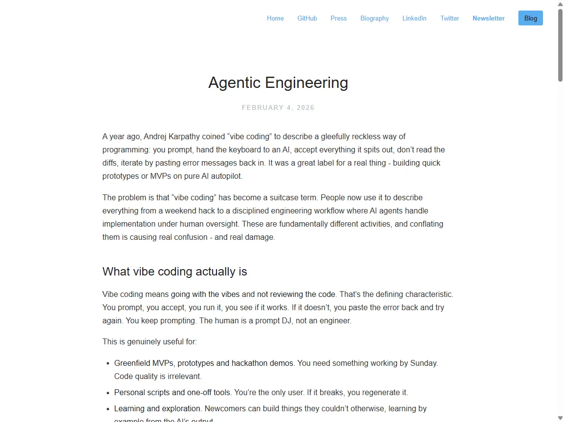 Addy Osmani's article: Agentic Engineering