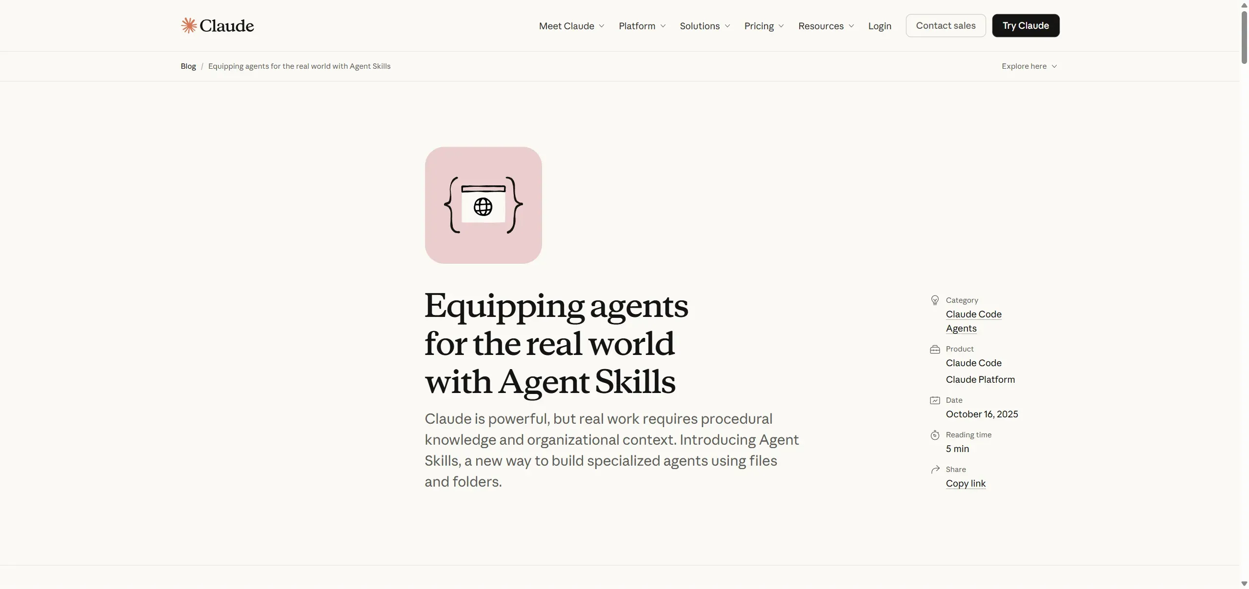 Official Anthropic blog post announcing Agent Skills for Claude, dated October 16, 2025
