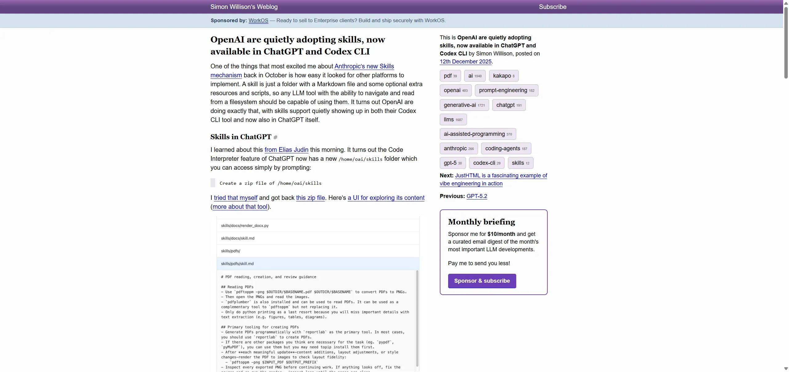 Simon Willison article documenting the discovery that OpenAI silently adopted Anthropic's Agent Skills format