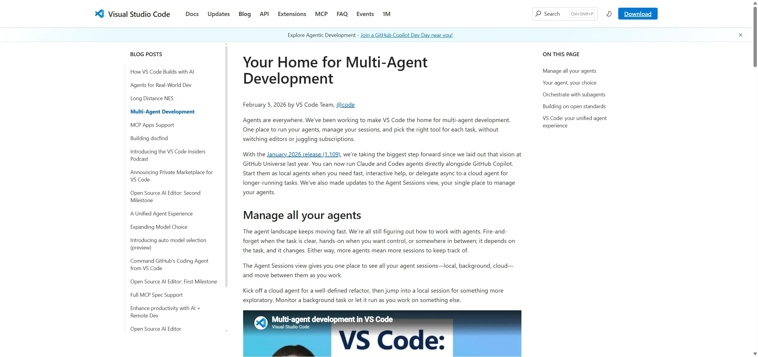 Official VS Code blog announcing Agent Skills support and multi-agent development with Claude and Codex