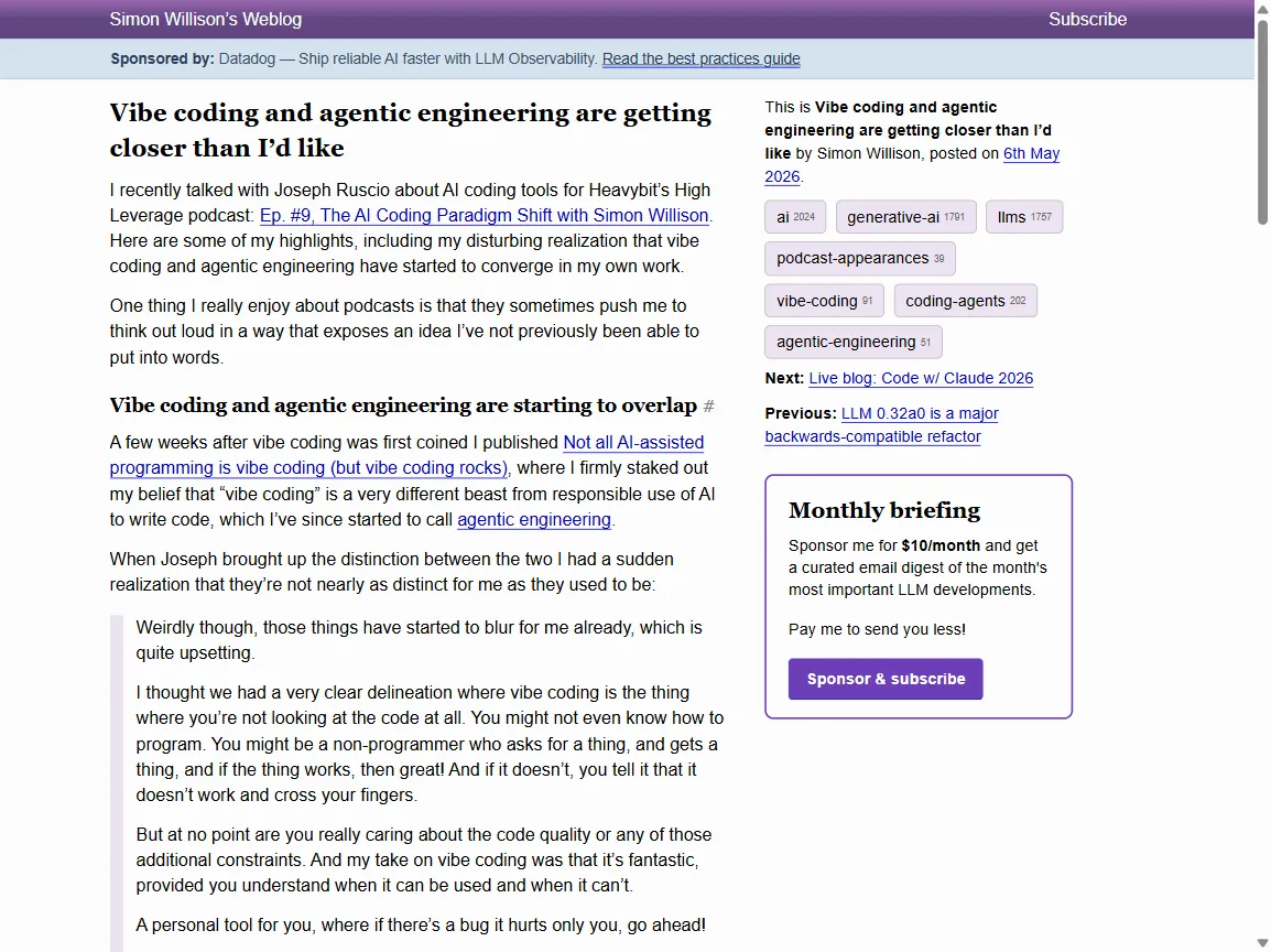 Simon Willison blog post: Vibe coding and agentic engineering are getting closer than I'd like