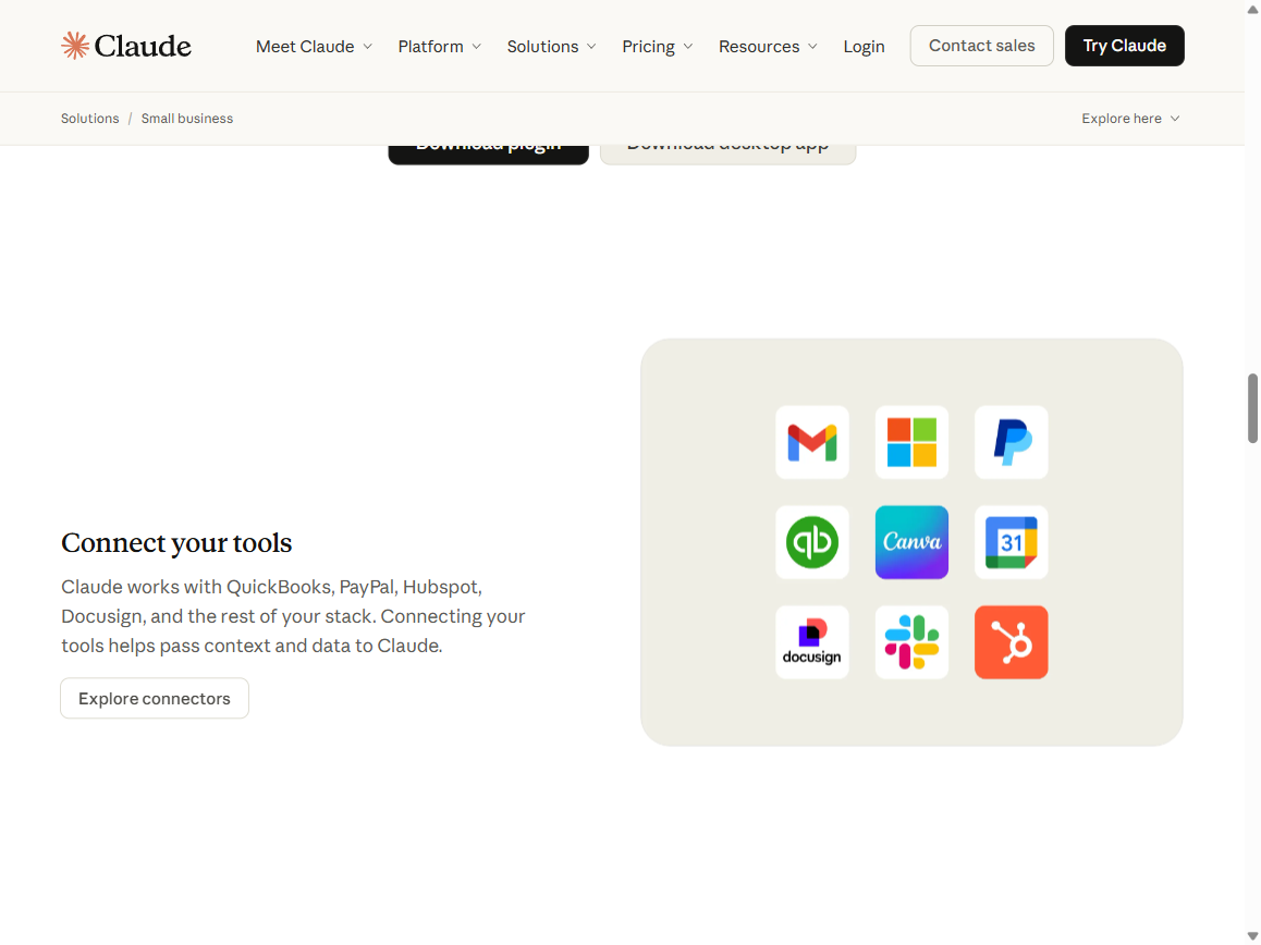 Connect your tools section on the Claude for Small Business page at claude.com: Gmail, Microsoft, PayPal, QuickBooks, Canva, Google Calendar, Docusign, Slack, HubSpot logos