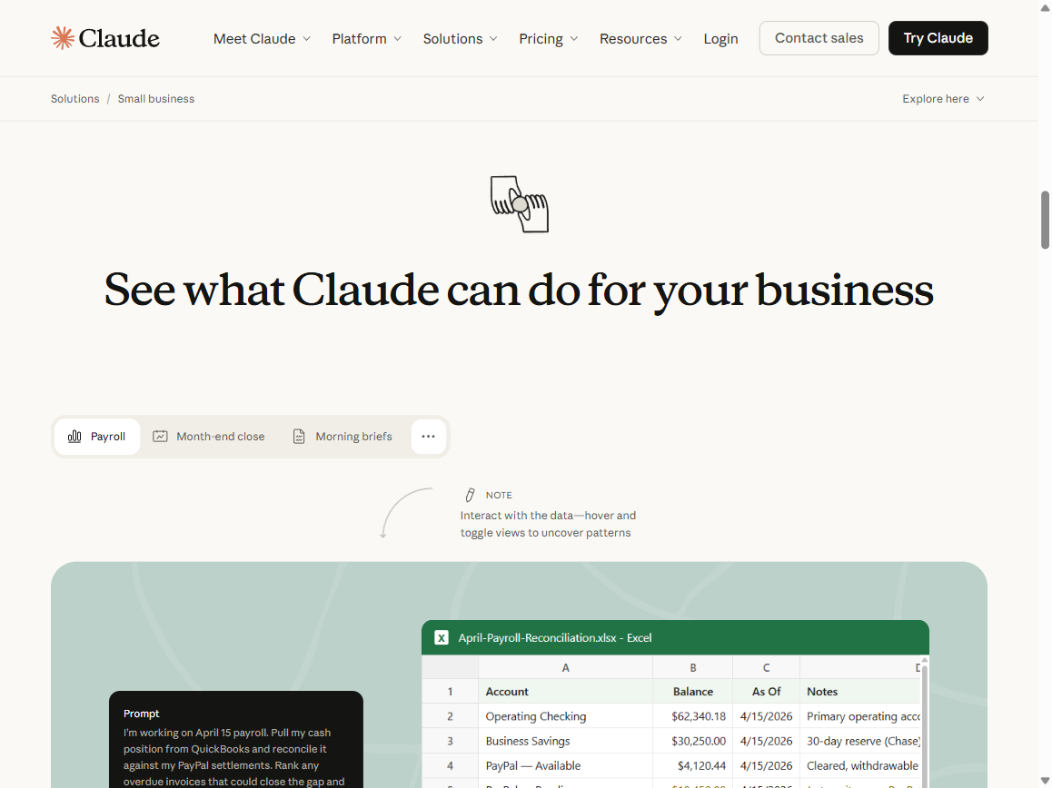 Interactive demo on the Claude for Small Business page at claude.com: Payroll, Month-end close, Morning briefs tabs with a natural language prompt and Excel interface connected to QuickBooks