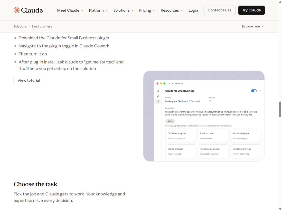 Claude for Small Business plugin interface in Claude Cowork: 19 available skills including Cash flow snapshot, Invoice chase, Month-end prep, Margin analyzer, Tax season organizer, Vendor spend map