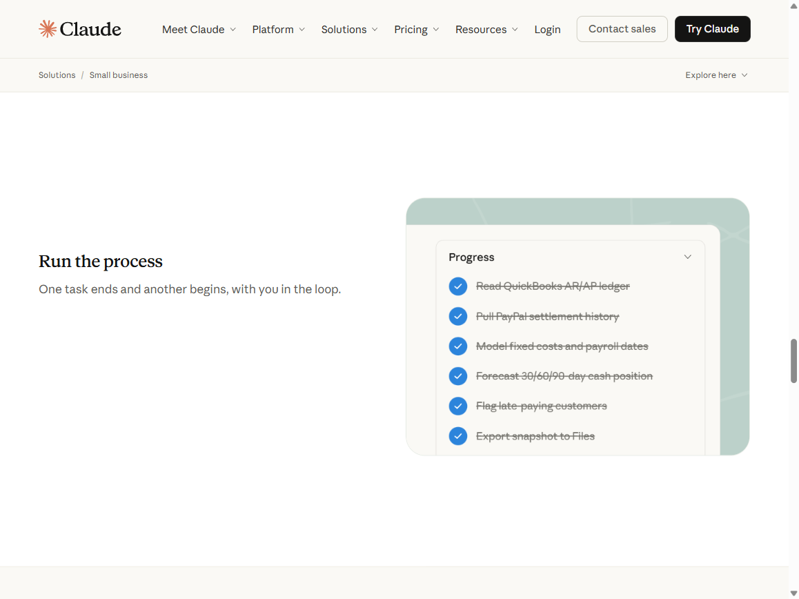 Run the process interface in Claude for Small Business: Progress checklist with 6 completed steps: Read QuickBooks AR/AP ledger, Pull PayPal settlement history, Model fixed costs and payroll dates, Forecast 30/60/90-day cash position, Flag late-paying customers, Export snapshot to Files