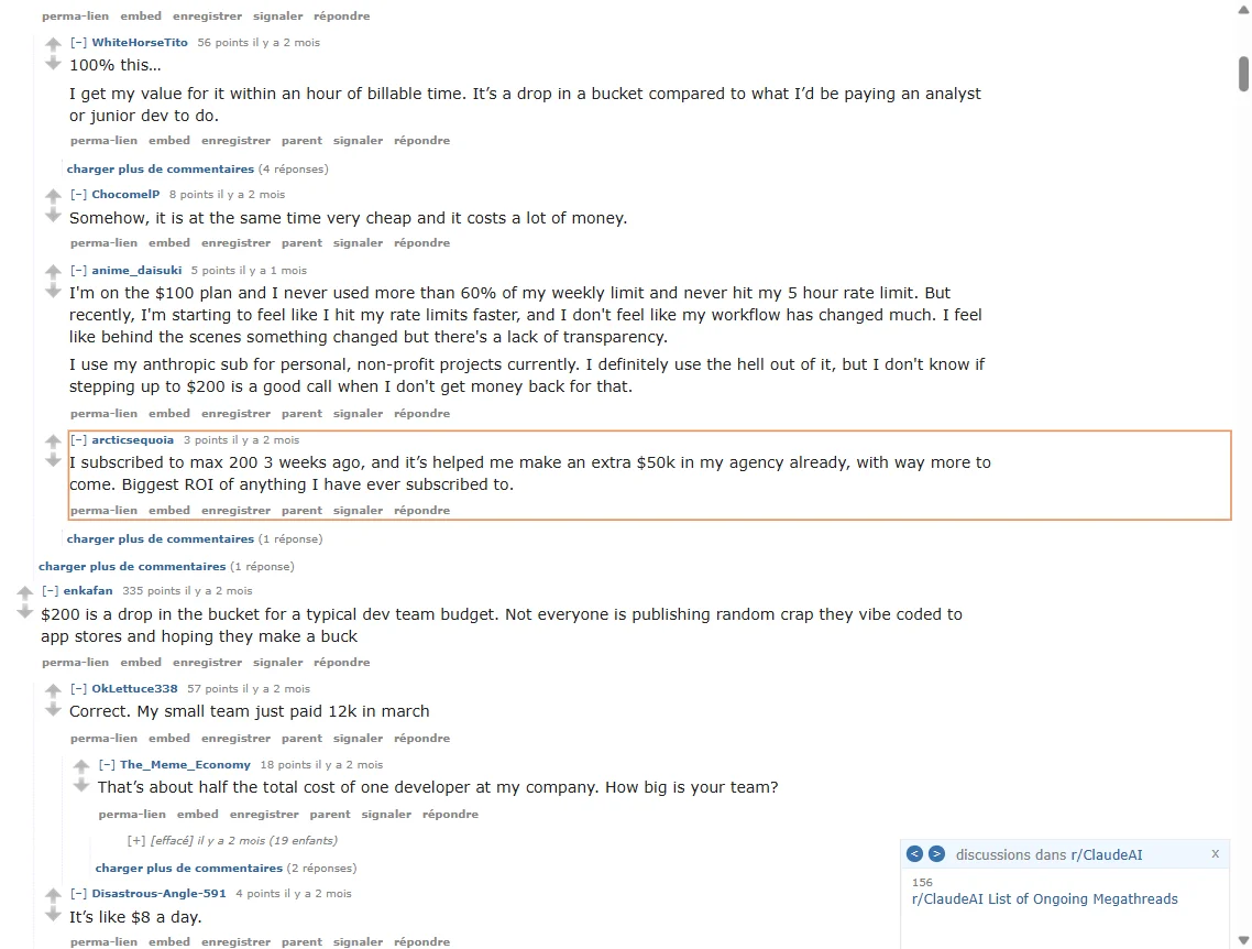 Reddit r/ClaudeAI thread where users debate the ROI of the 200 dollar Max plan