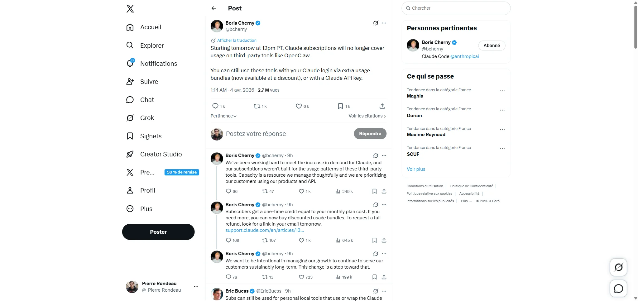 Boris Cherny's tweet announcing the end of OpenClaw support for Claude subscriptions