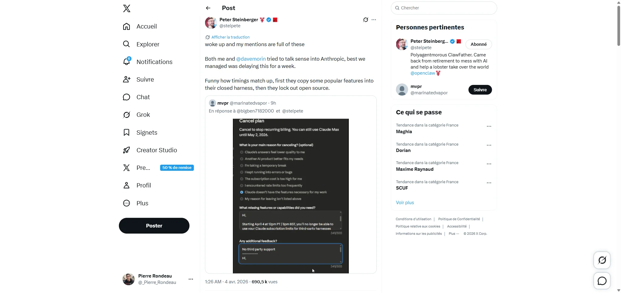 Peter Steinberger's tweet reacting to Anthropic cutting off OpenClaw