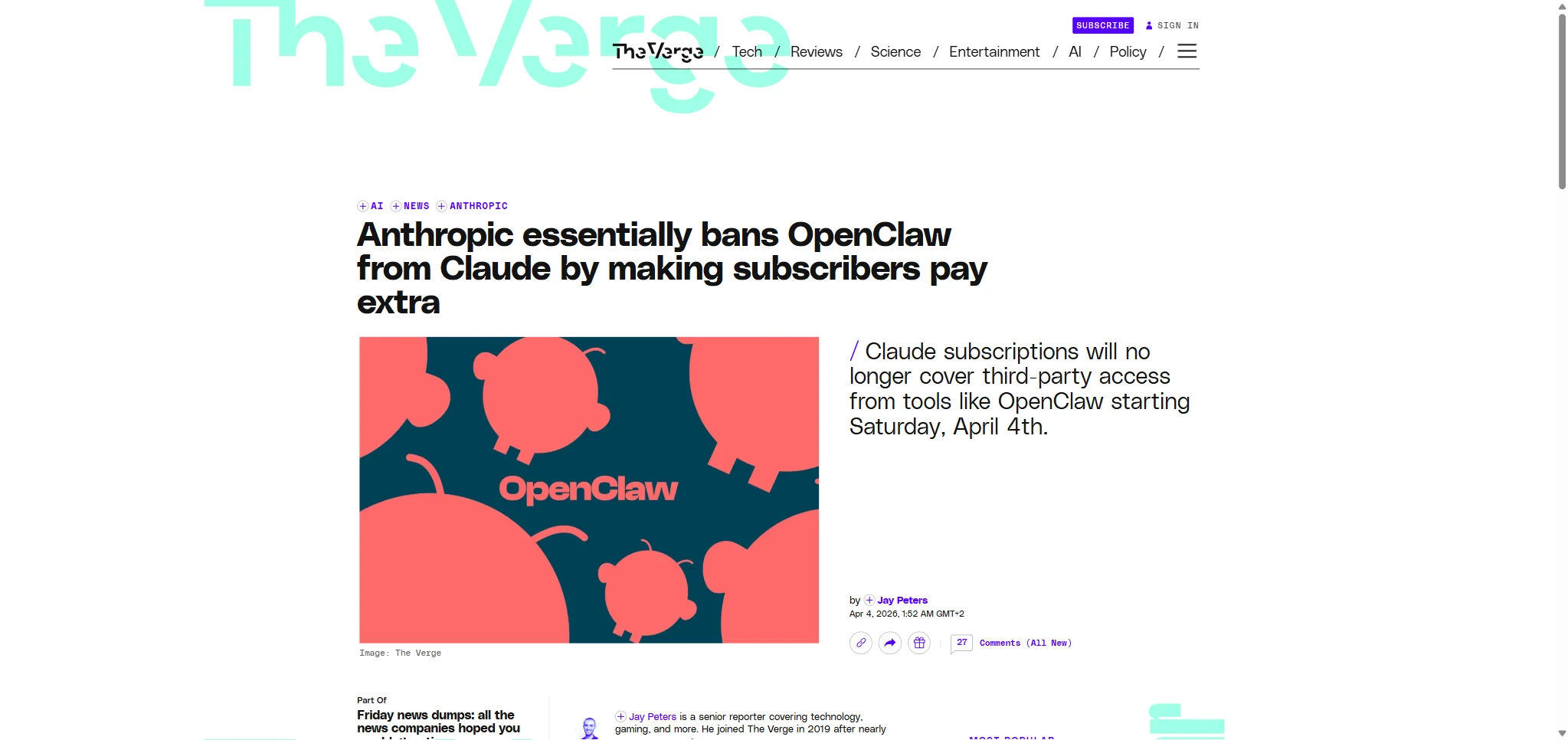 The Verge article on Anthropic banning OpenClaw