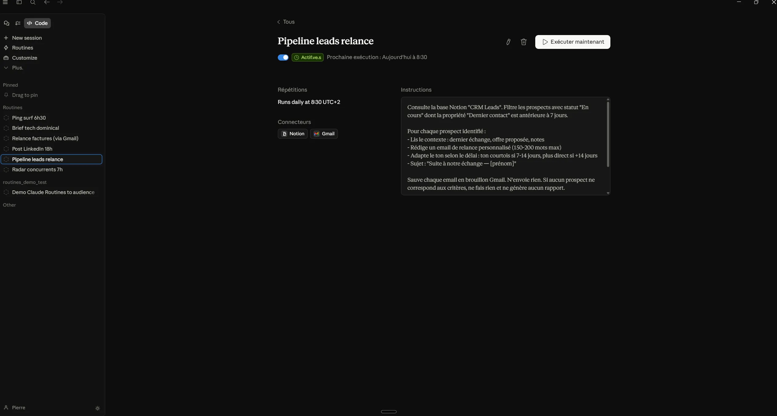 Routine configuration with Notion and Gmail connectors for automatic lead follow-up