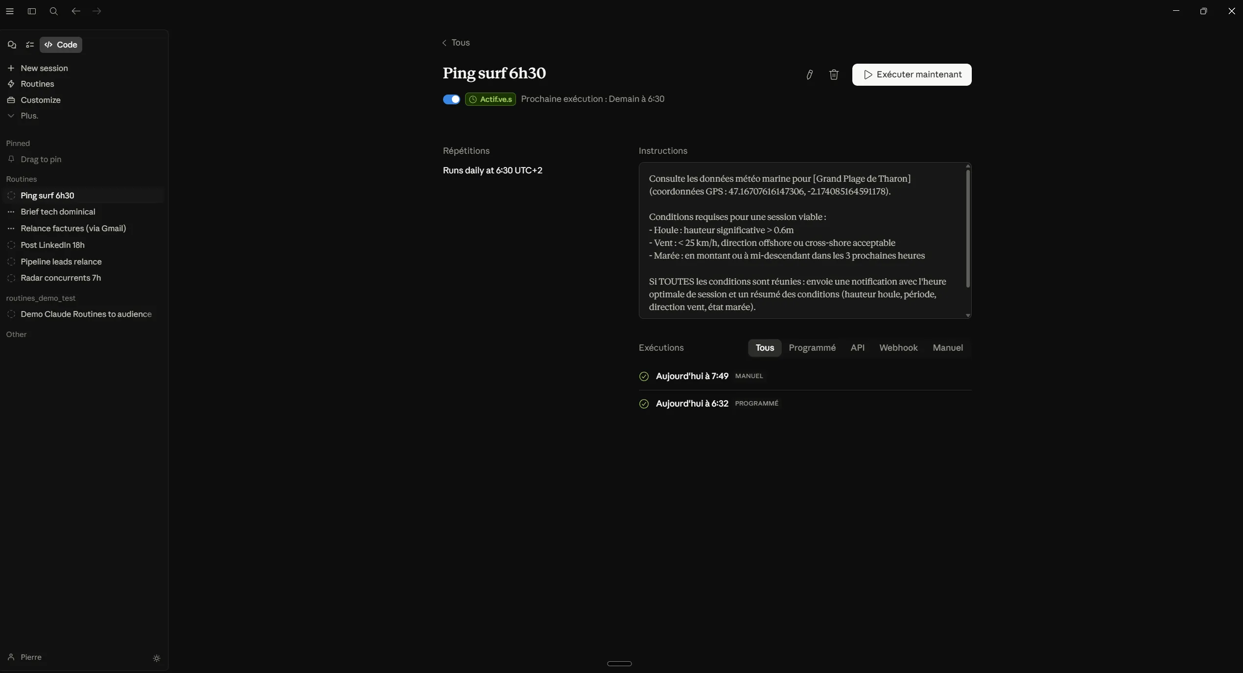 Claude Routine configuration interface: name, active status, execution frequency and full prompt